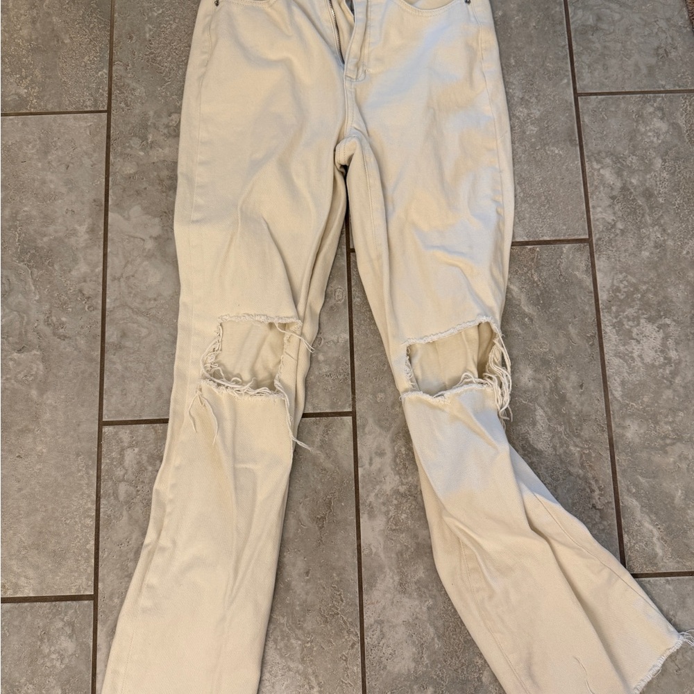 WeWoreWhat Cream Straight Leg Jeans with Distressed Details